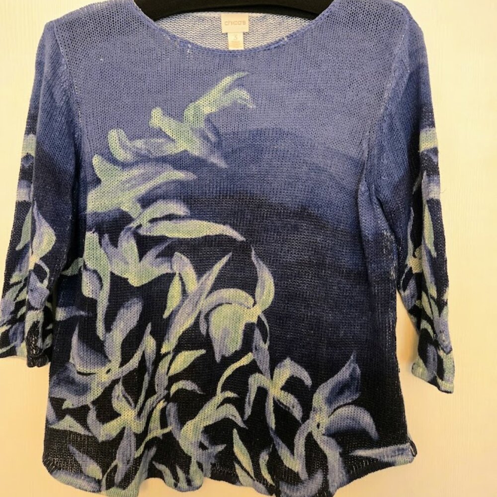 Chico's blue floral 3/4 linen blend‎ lightweight sweater Size 3/XL
